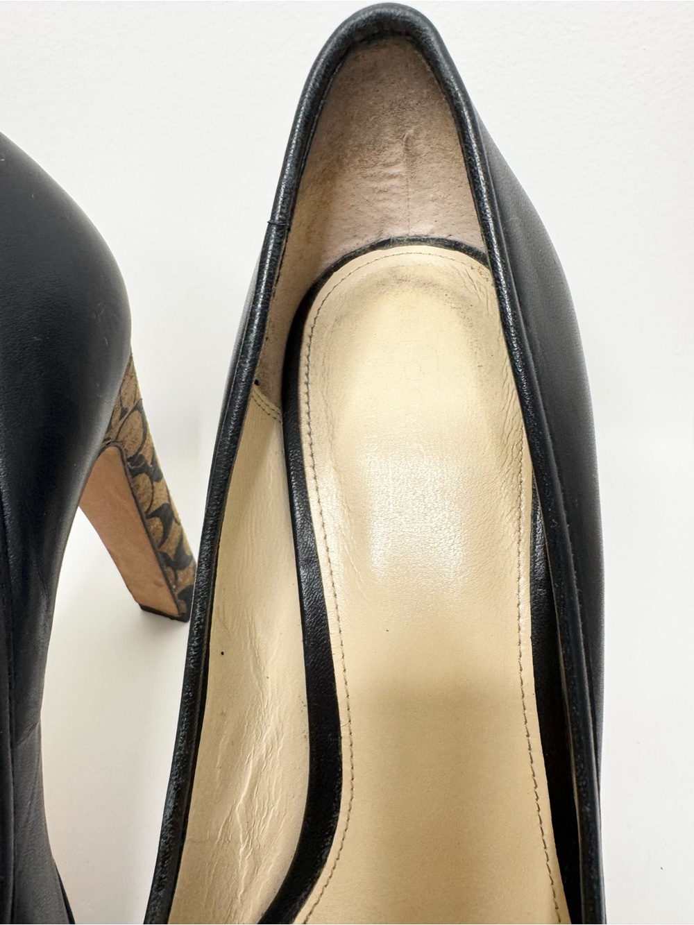 Coach Black Leather Pumps with Signature Monogram Heel - Picture 5 of 16
